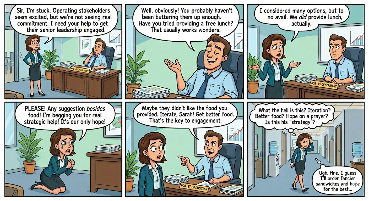 Cartoon: boardroom with inflatable buzzword floaties