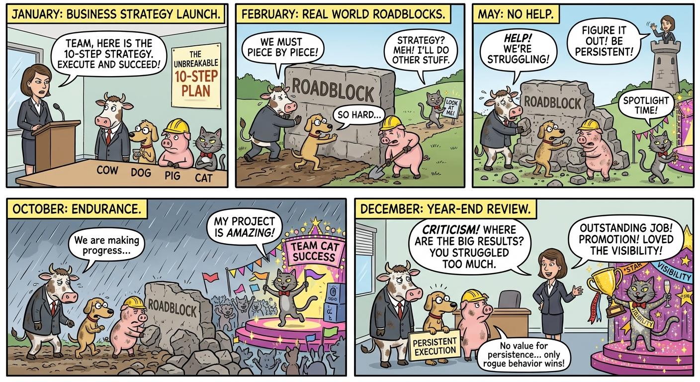 Cartoon: Rewards: Persistence vs Rogue Behavior